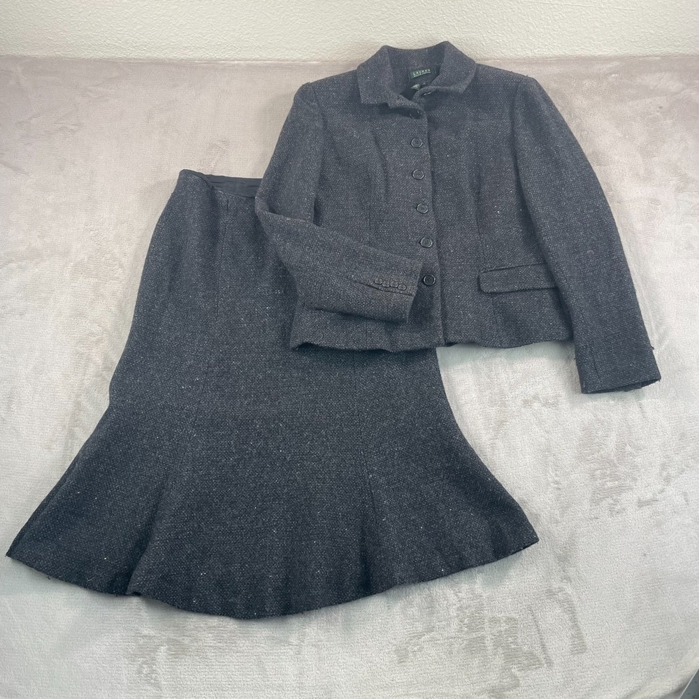 Vintage Ralph Lauren LRL Skirt 12 & Jacket‎ 16 Women 2 Piece Set Grey Wool Tweed